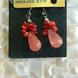 Red coral and rose quartz earrings